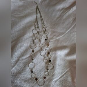NY Long Silvertone Circle Necklace Layered Look